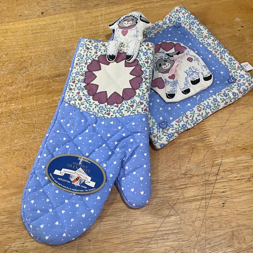 Vtg Superba Sheep Applique Oven Mitt Potholder Set Blue Heart Floral Country 90s